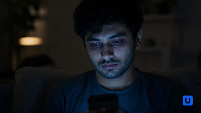 A tired person staring at a smartphone screen in a dark room representing Silent Scrolling Syndrome and Mobile Addiction.
