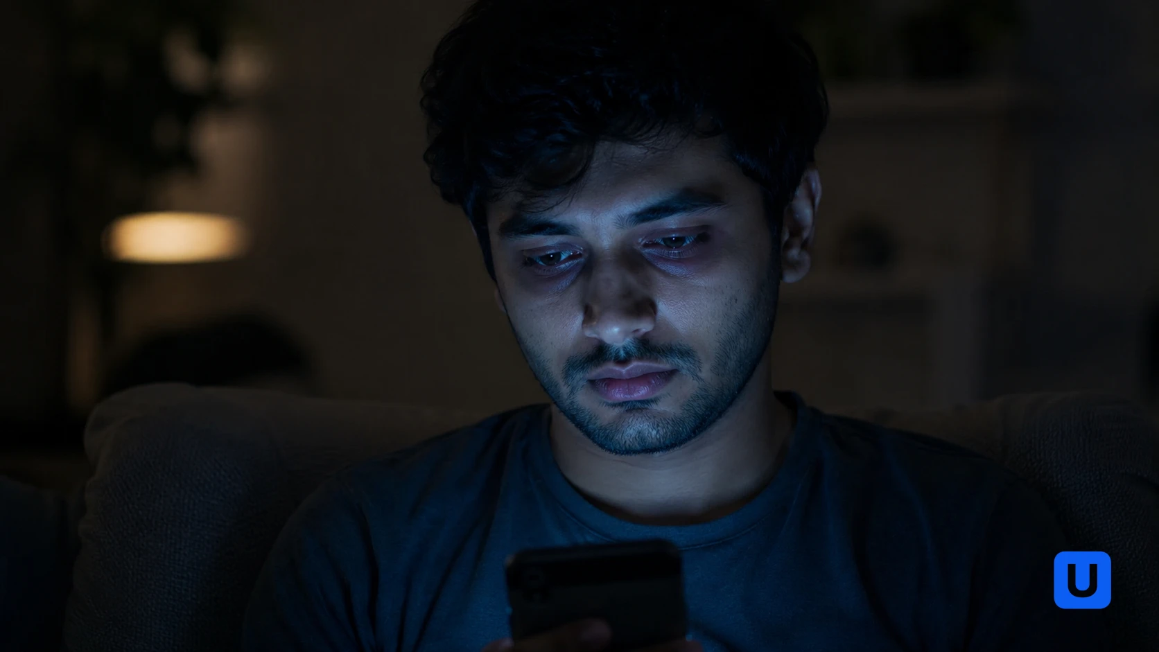 A tired person staring at a smartphone screen in a dark room representing Silent Scrolling Syndrome and Mobile Addiction.