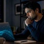 A thoughtful professional looking at a laptop with abstract AI graphics, symbolizing the concept of AI Anxiety and mental wellness in the age of artificial intelligence.