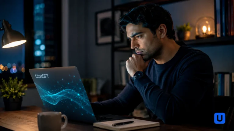 A thoughtful professional looking at a laptop with abstract AI graphics, symbolizing the concept of AI Anxiety and mental wellness in the age of artificial intelligence.