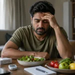An Indian adult experiencing decision fatigue while managing diabetes routine at home