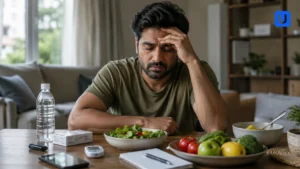An Indian adult experiencing decision fatigue while managing diabetes routine at home
