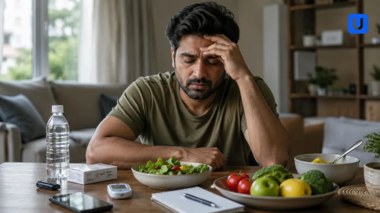 An Indian adult experiencing decision fatigue while managing diabetes routine at home