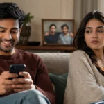 A couple sitting together experiencing relationship jealousy due to a partner's best friend.