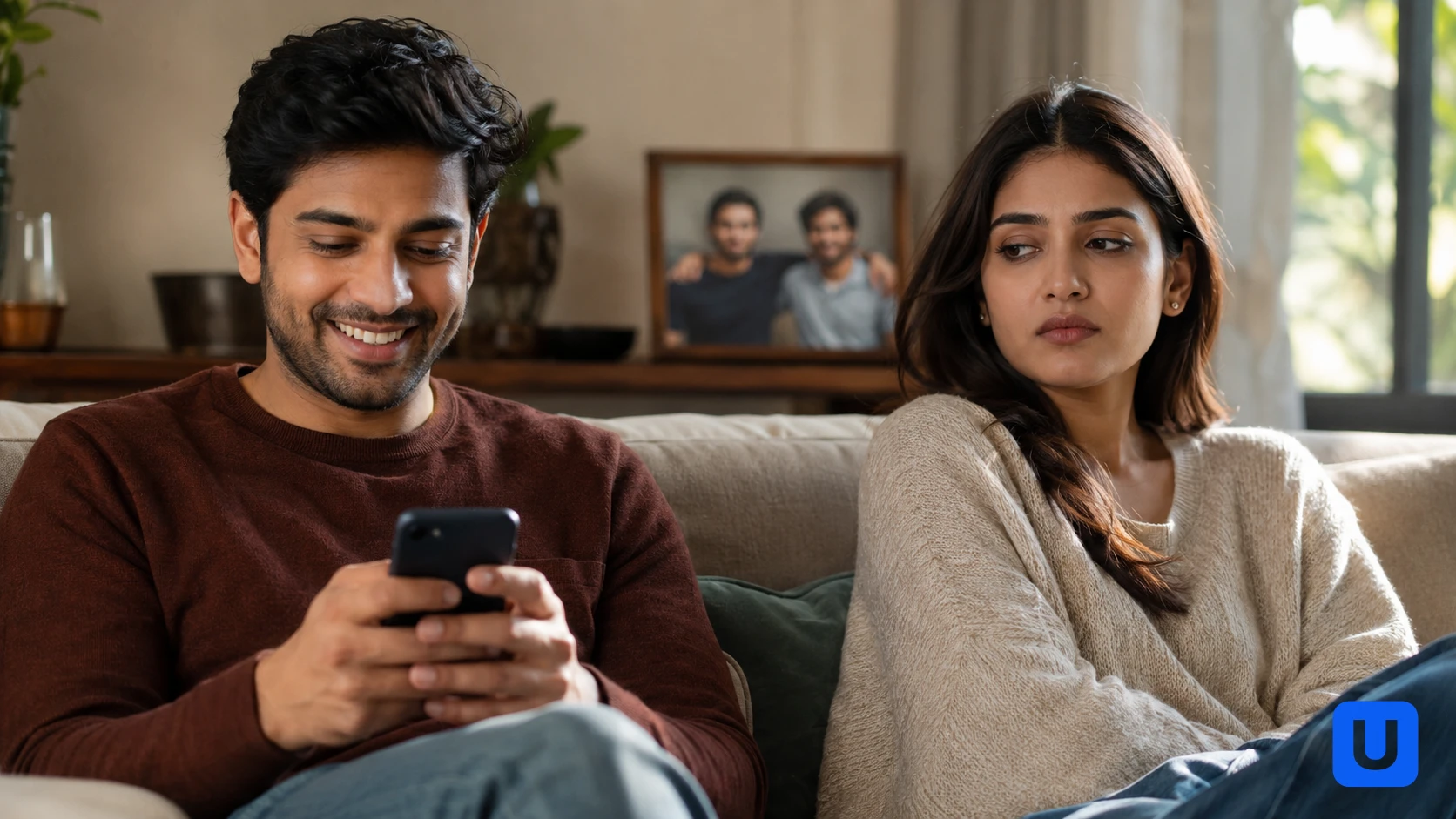 A couple sitting together experiencing relationship jealousy due to a partner's best friend.