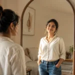 एक भारतीय युवा जो Confidence Kaise Badhaye इसके लिए शीशे के सामने आत्मविश्वास से खड़ा है