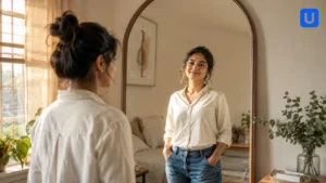 एक भारतीय युवा जो Confidence Kaise Badhaye इसके लिए शीशे के सामने आत्मविश्वास से खड़ा है