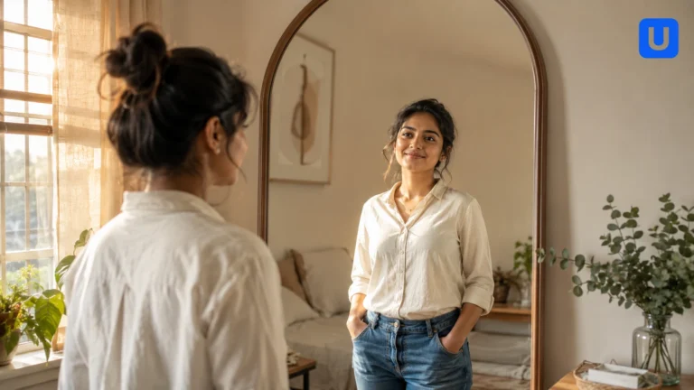 एक भारतीय युवा जो Confidence Kaise Badhaye इसके लिए शीशे के सामने आत्मविश्वास से खड़ा है