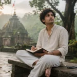 A young person practicing mindfulness during the Sawan Reset Challenge near a peaceful temple setup.