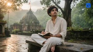 A young person practicing mindfulness during the Sawan Reset Challenge near a peaceful temple setup.