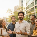 आत्मविश्वास से मुस्कुराता हुआ एक युवा व्यक्ति लोगों से बातचीत करते हुए, जो बेहतर Personality और दिलचस्प इंसान बनने का प्रतीक है।
