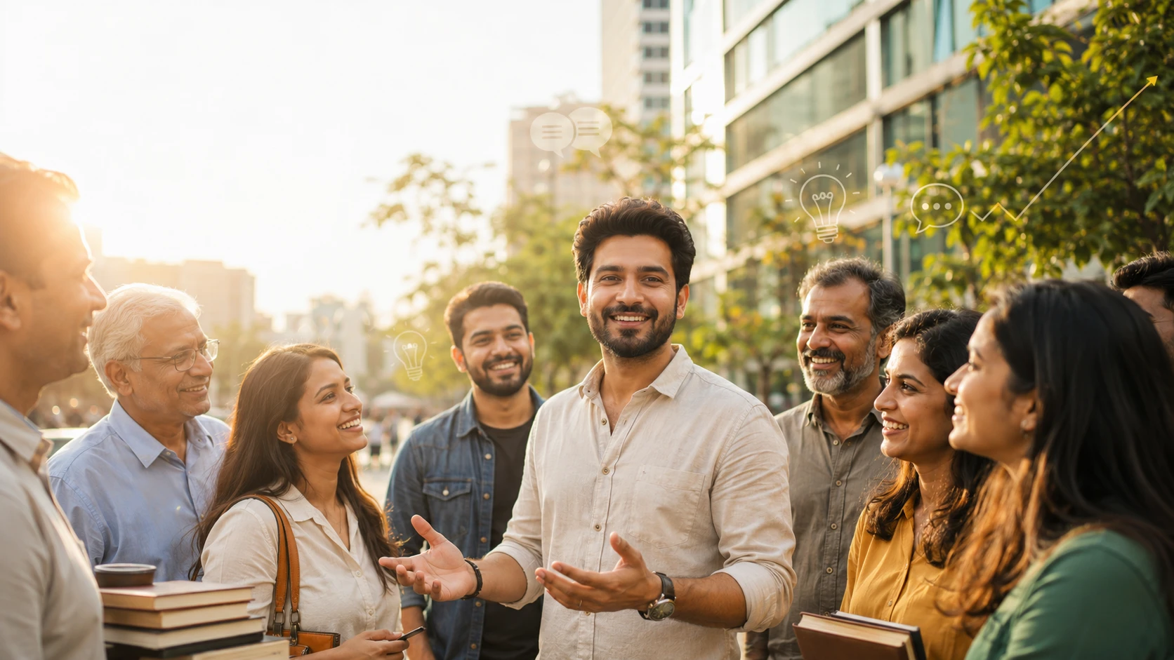 आत्मविश्वास से मुस्कुराता हुआ एक युवा व्यक्ति लोगों से बातचीत करते हुए, जो बेहतर Personality और दिलचस्प इंसान बनने का प्रतीक है।