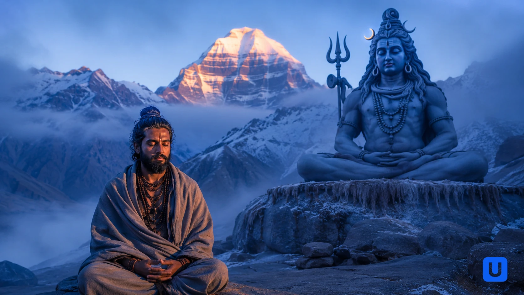एक व्यक्ति सुबह के समय ॐ नमः शिवाय का जाप करते हुए ध्यान लगा रहा है